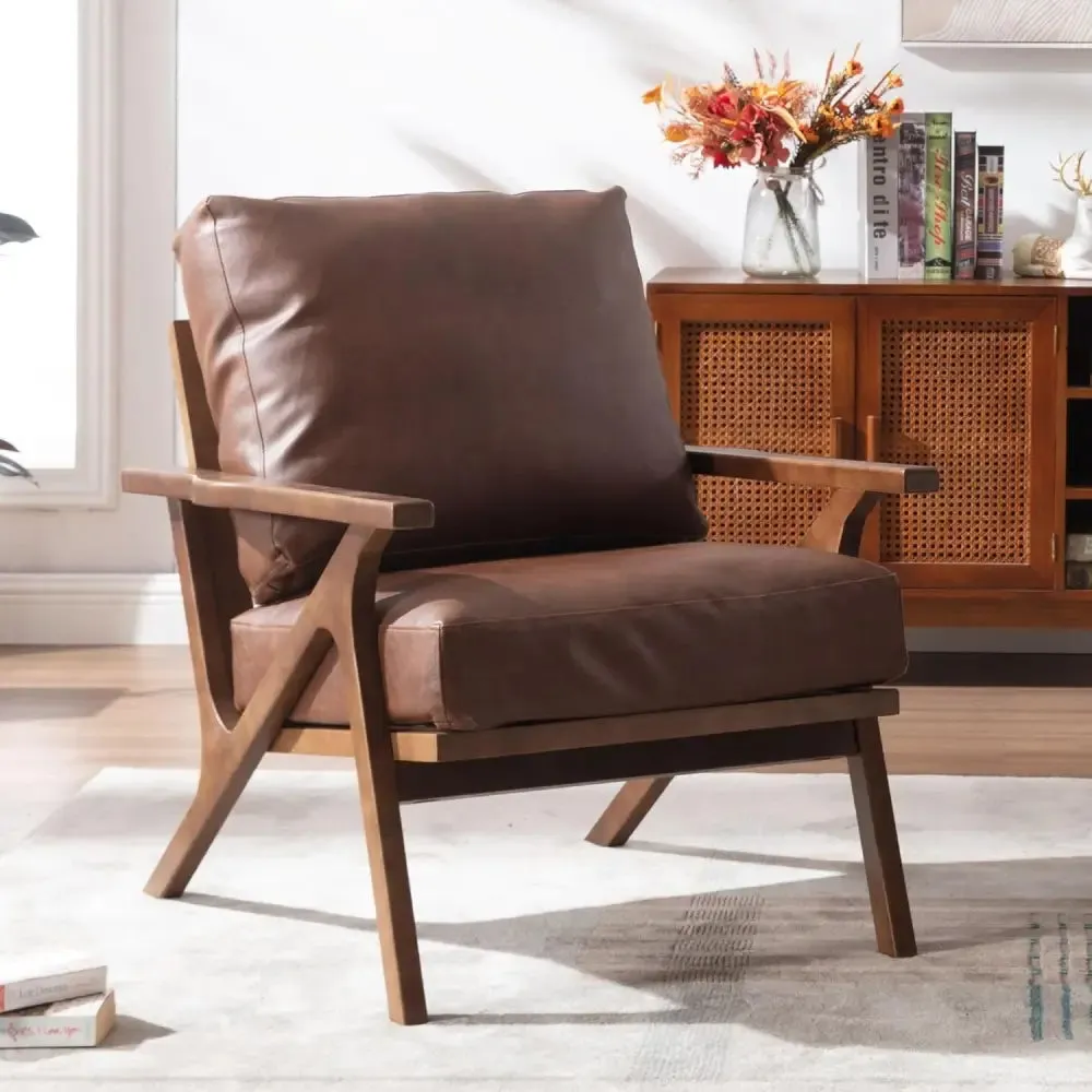Modern Brown Leather Accent Chair with Wooden Frame